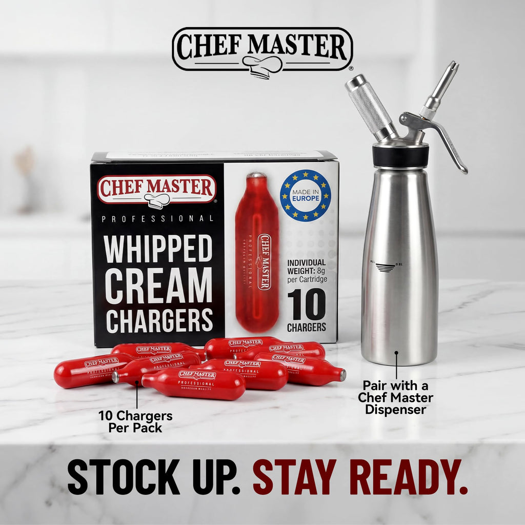 Chef Master 10 Pack N20 Whipped Cream Chargers - 8g Professional Nitrous Oxide Cartridges - Premium Whip Cream Charger Cartridge - Made in EU - Food-Safe Steel & Universal Fit for Dispensers - 90060