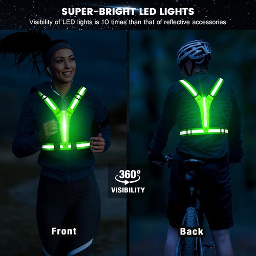 Fokia Kunbio LED Reflective Running Vest Gear,Light Up Vest Runners Night Walking USB Rechargeable,Up to 11hrs Light with Adjustable Waist/Shoulder for Women Men Kids (Green)