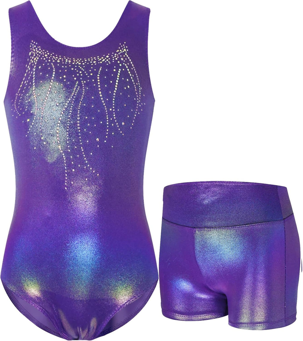 Skiennix Gymnastics Leotards - Sparkly Tumbling Bodysuits with Shorts | Sleeveless Dance Activewear for Girls