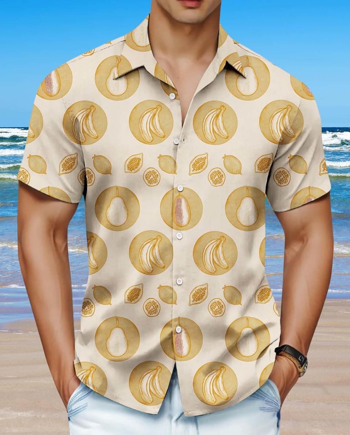 Skiennix Men's Hawaiian Shirt - Unique Fruit Print for Summer Vacations | Tropical Button-Up Tee