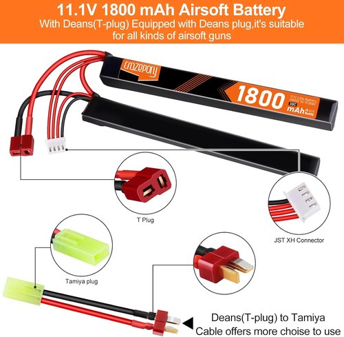 Crazepony 11.1V Airsoft Battery - Rechargeable 3S LiPo 1800mAh Nunchuck Split Pack with T Plug | Mini Tamiya Cable