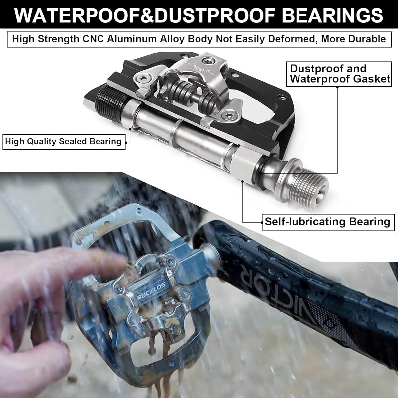 Bucklos Mountain Bike Clipless Pedals with Flats - Black