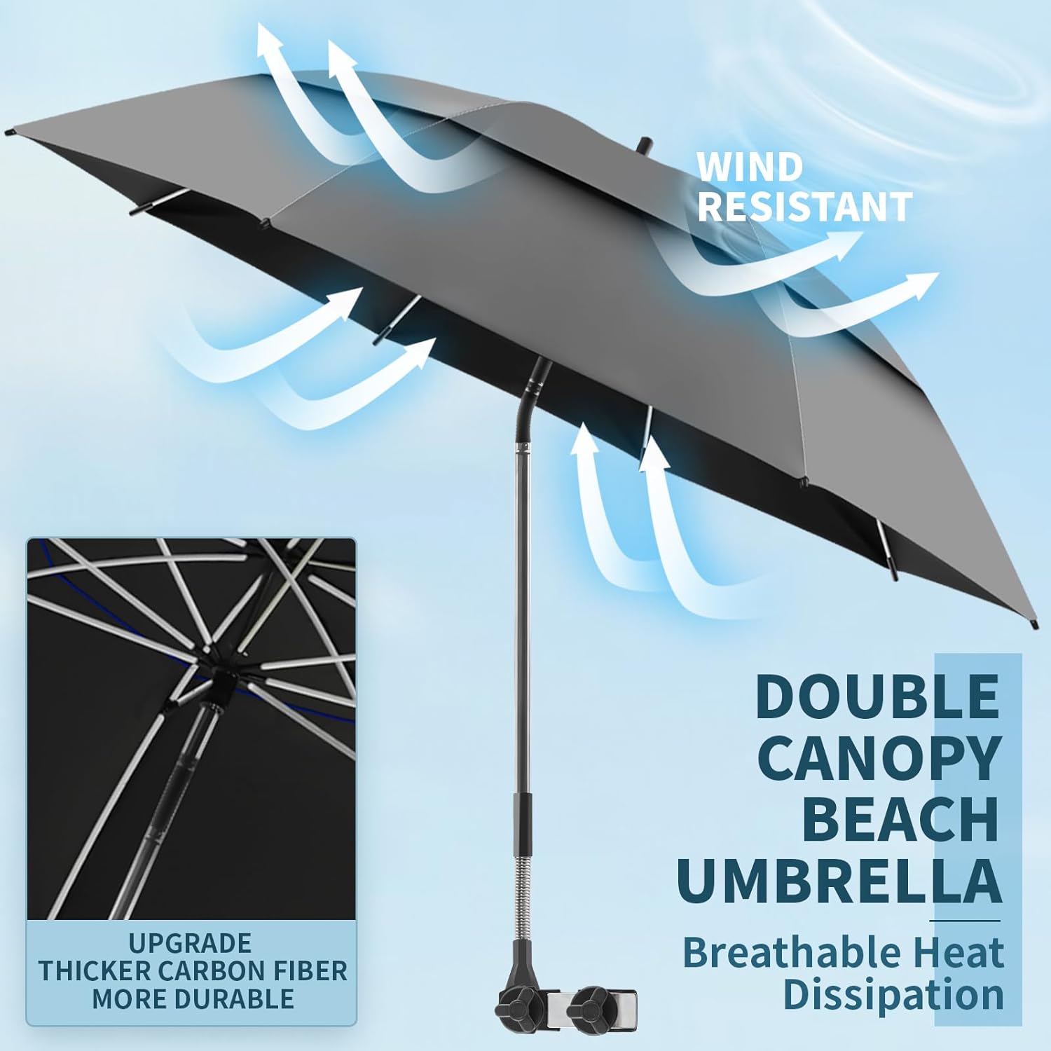 Skiennix Double Canopy Umbrella - 48.6" UPF50+ Beach Chair Umbrella with Clamp | 360° Adjustable for Outdoor Use