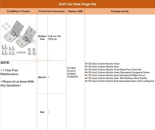 CLUBRALLY Golf Cart Seat Hinge Set for 1979-Up Club Car DS 1011652 1012412-Male + Female