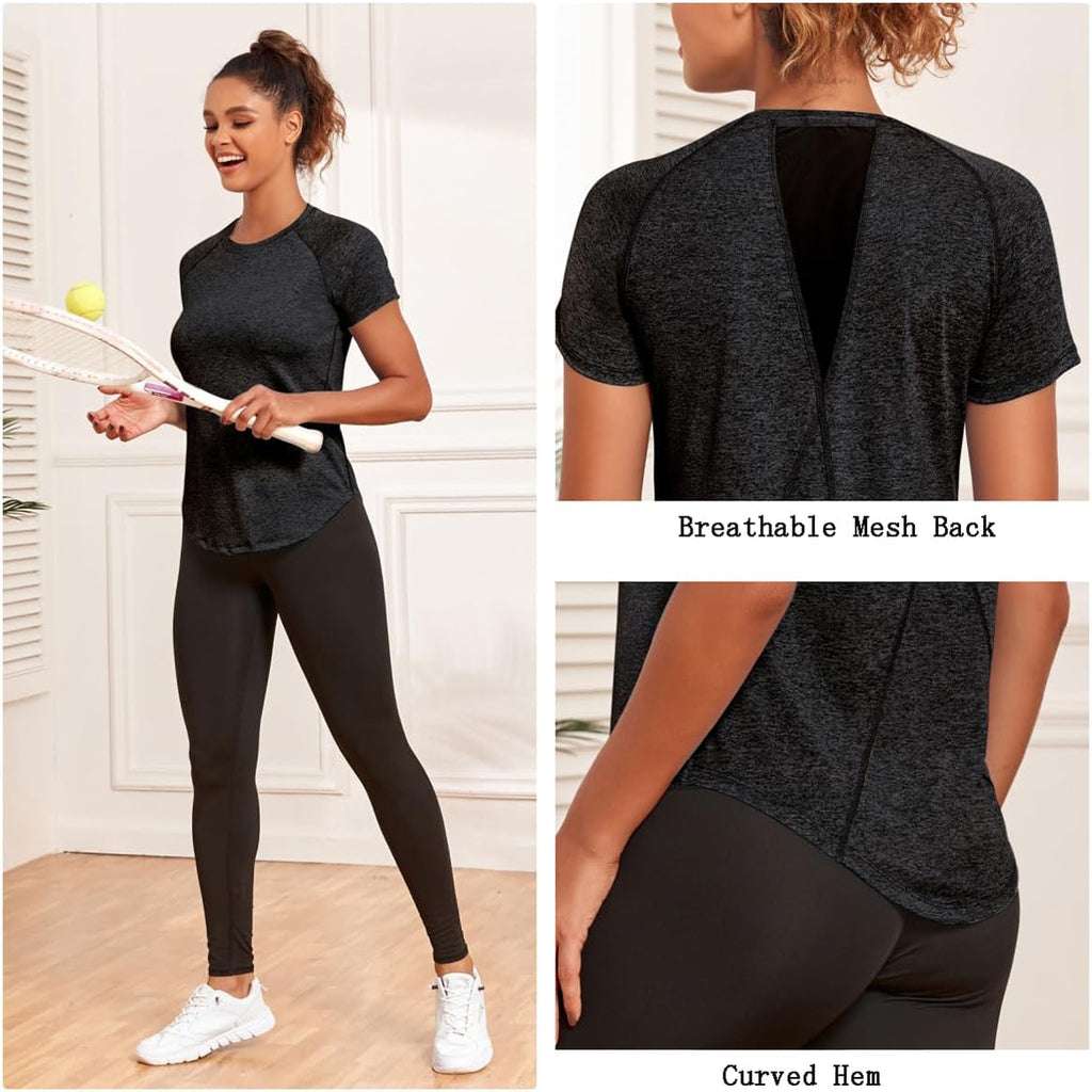 Skiennix Women's Dry-Fit Workout Top - Short Sleeve Mesh Open Back Gym Tee | Loose Fit Exercise Shirt