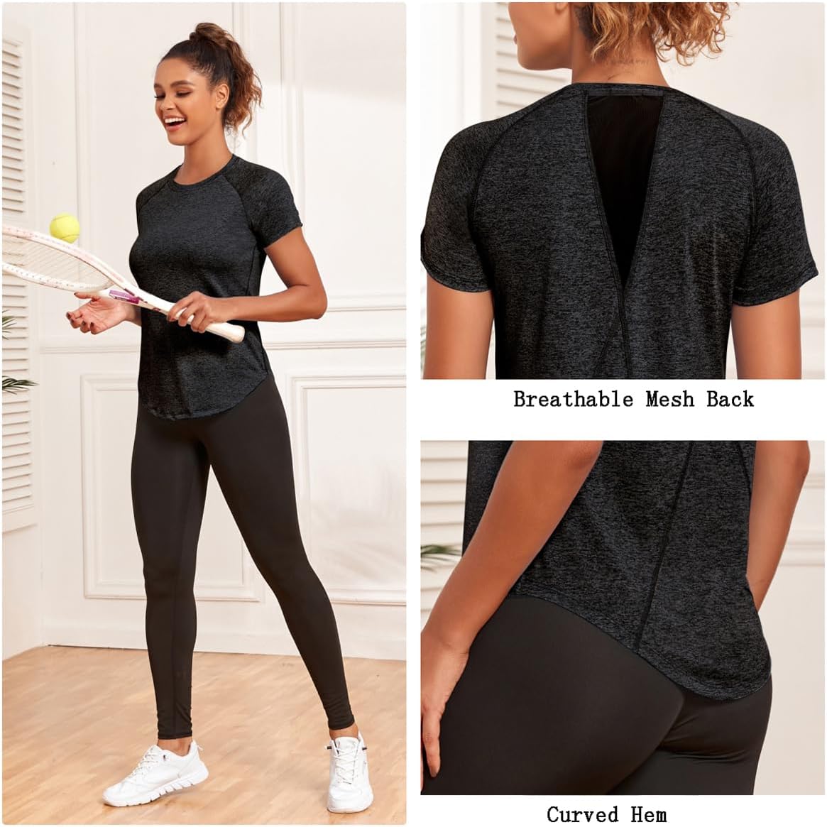 Skiennix Women's Dry-Fit Workout Top - Short Sleeve Mesh Open Back Gym Tee | Loose Fit Exercise Shirt