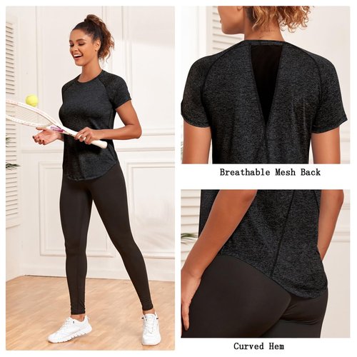 Beuwltpa Women's Long Workout Tops,Short Sleeve Dry-Fit Mesh Open Back Loose Fit Gym Athletic Running Shirts Exercise Tee Grey