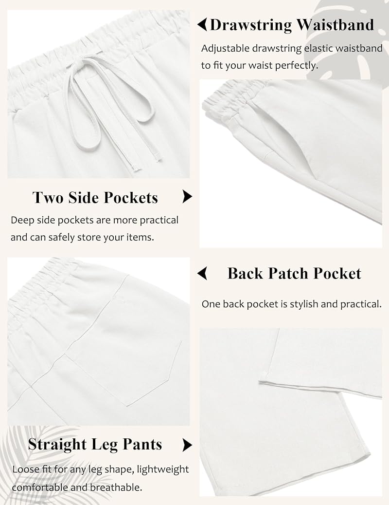 COOFANDY Men's Linen Pants Loose Fit Elastic Waist Drawstring - White, Large