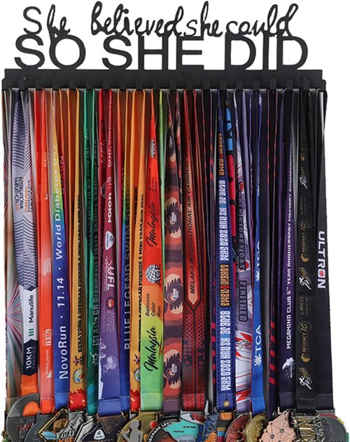 Goutoports Medal Holder Display Hanger - "She Believed She Could" Personalized Wall Hanger | Sturdy Black Steel for Over 60 Medals