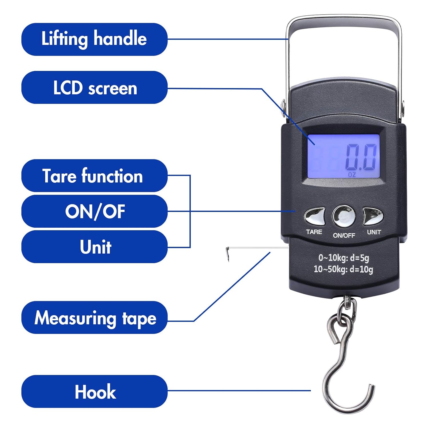 Portable Fish Scale by [Brand Name] - 110lb Capacity with Backlit LCD Display & Measuring Tape | Black