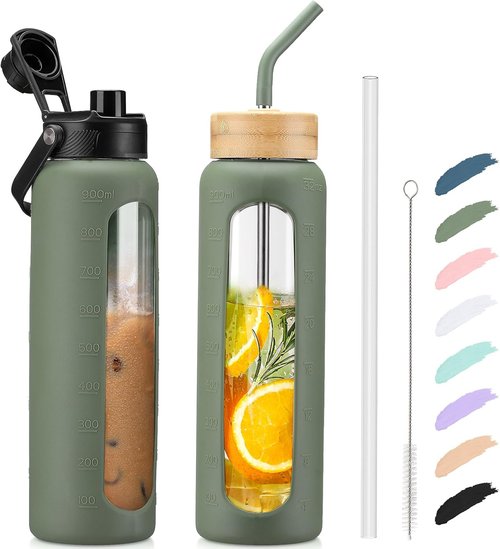 Kodrine 24 oz Glass Water Bottle - Bamboo Straw & Spout Lids with Handle | Time Marker for Sports & Travel