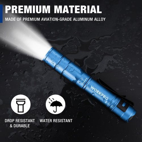 WORKPRO Rechargeable Pen Light, Mini Flashlight, 2 Pack Ultra-Compact EDC Flashlight, Pocket Flashlight with Clip, Memory Function and 2 x USB C Cable Included, Blue
