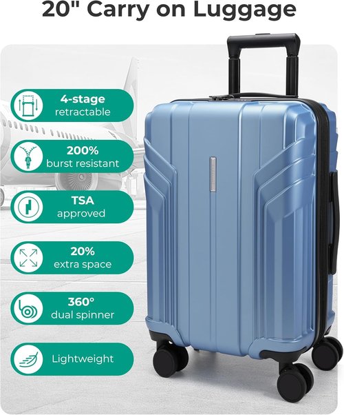 BAGSMART 20-Inch Expandable Carry-On Luggage - Lightweight Hard Shell, Airline Approved, Waterproof, Blue