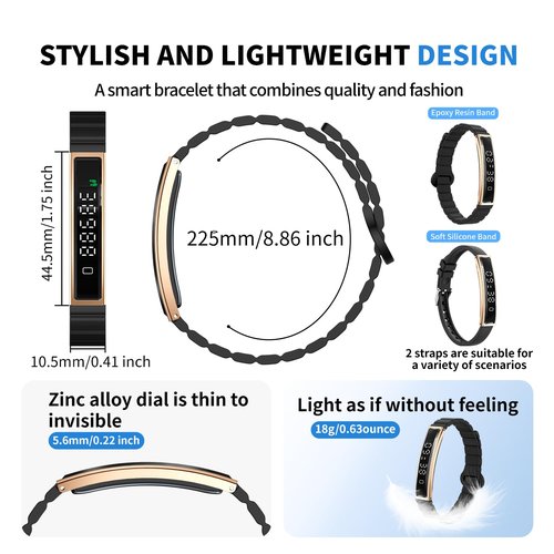 Lightweight Smart Bracelet for Women Men, Step Tracker Watch Wristband With 24/7 Heart Rate Sleep Monitor, 12 Sport Modes Fitness Trackers, Waterproof Health Band Fits Android IOS (Black+Black)