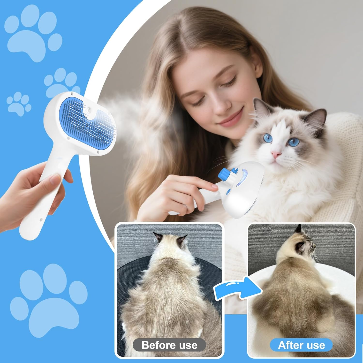 Skiennix Pet Steam Brush - 3-in-1 Grooming Tool for Shedding & Hair Removal - Self-Cleaning Mist Comb with Waterless Shampoo, Blue