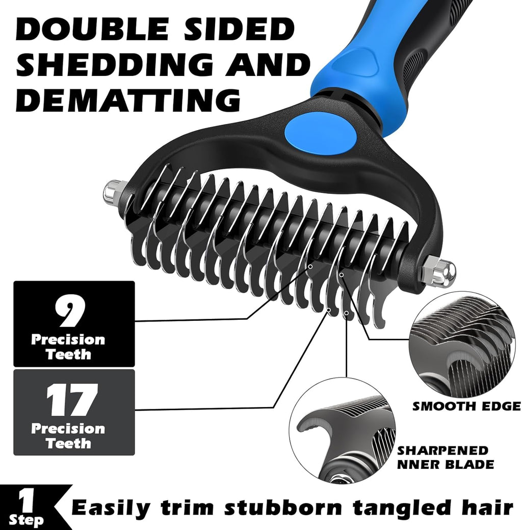 Skiennix Self-Cleaning Slicker Brush Set - Pet Grooming Rake & Flea Comb for Dogs, Cats & Horses | Blue