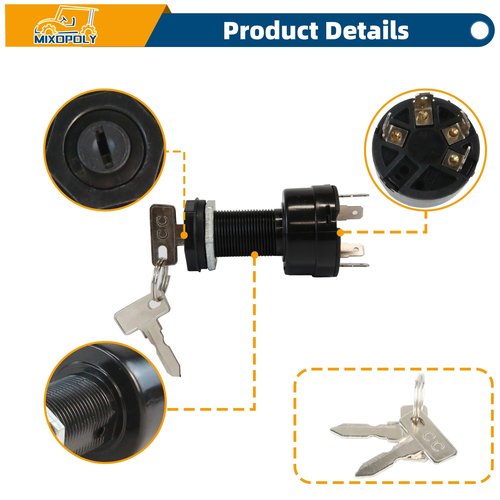 Mixopoly Ignition Key Switch for Club Car Precedent and Onward Gas Golf Cart 2004-Up, 4-Terminal, On/Off Style, Black, Rotary, Manual Operation