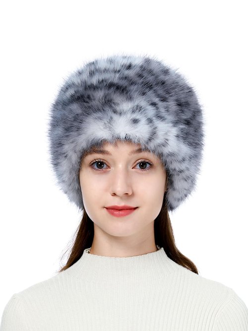 LA CARRIE Women's Faux Fur Hat for Winter with Stretch Cossack Russion Style(Gray Leopard Printed)