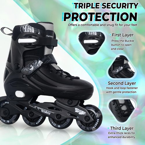 MammyGol Adjustable Inline Skates for Kids Youths Adults, All Wheels Light Up, Indoor and Outdoor Blades Roller Skates for Boys Girls Teen Beginners Black