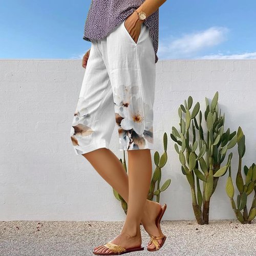DMOYALA Women's Boho Floral Linen Bermuda Shorts - Comfortable Summer Pants with Pockets