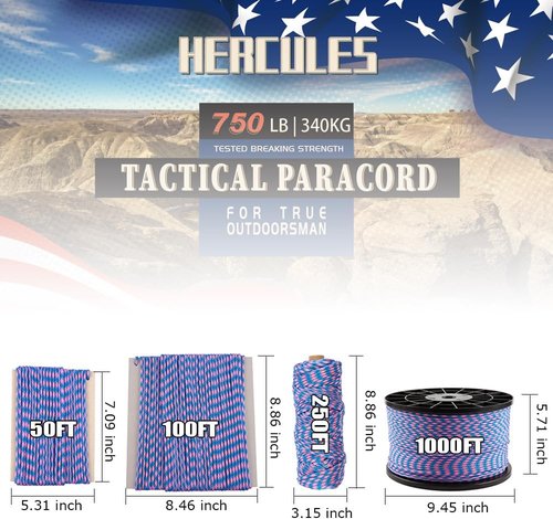 HERCULES 750lb Paracord | 4mm Tactical Parachute Cord - Durable Utility Rope for Camping & Survival (Pink Blue Plaid, 50FT)