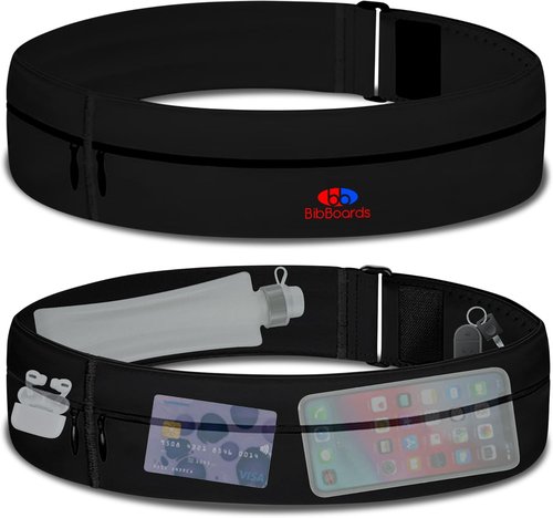 BibBoards Running Belt for Men & Women - Water & Sweat-Repellent No Bounce Runners Fanny Pack for Phone, Keys, Cards & Money, Adjustable Running Band for Marathon, Jogging, Cycling — Black, 44"