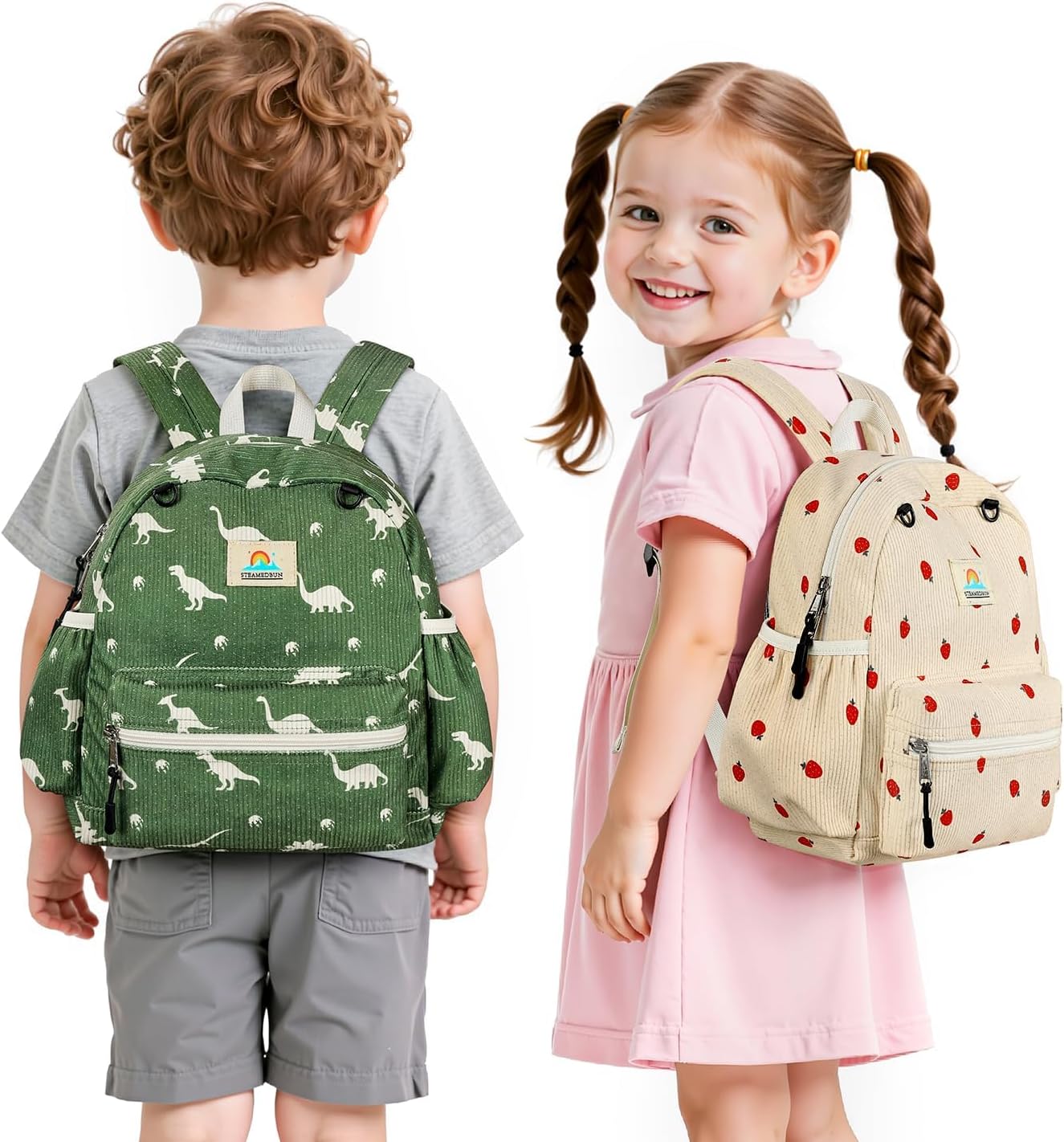 STEAMEDBUN Corduroy Toddler Backpack - Adorable Strawberry Design for Kids Ages 2-4 | 12-Inch Preschool Size
