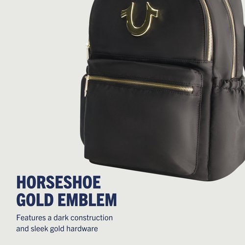 True Religion Backpack, Zip pocket, Horseshoe Logo Travel Bag, Black
