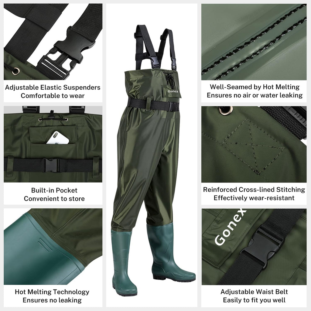 Gonex Chest Waders Hunting Fishing Waders for Men Women Waterproof 70D Nylon Wader for Duck Hunting Fishing, Green, Sizes 11