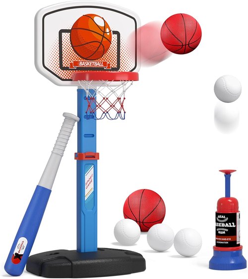 HYES Kids Basketball Hoop & T-Ball Set - Adjustable Height, Automatic Pitching Machine | Indoor/Outdoor Sports Toy for Ages 1-5, Blue