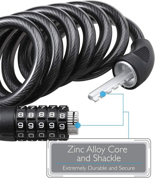 Fosmon Heavy-Duty Bike Lock Cable - 6 Feet Self-Coiling 5-Digit Resettable Combination Lock | Black