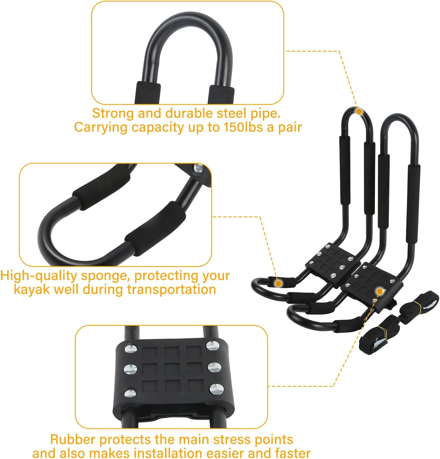 PIRIPARA Kayak Roof Rack - J-Bar Carrier Holder for Canoes & Surf Skis | Set of 4 for SUVs & Trucks