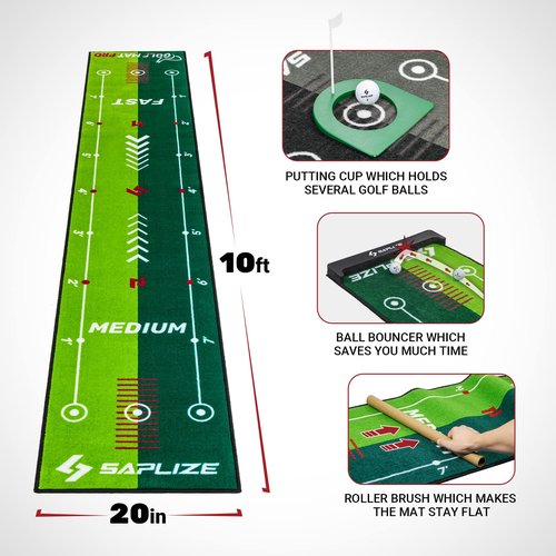 SAPLIZE Two-Speed Golf Practice Mat with Alignment Mirror, 20 in X 10 ft Training Aid Mat, Anti-Slip Backing Golf Putting Green for Indoor/Outdoor