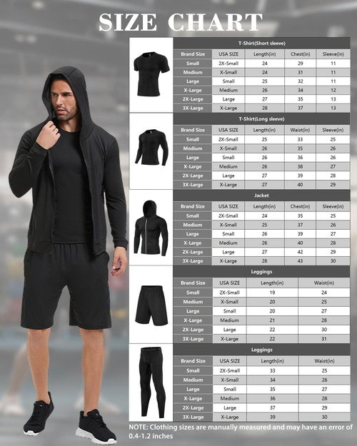 Antoyo 5Pcs Men Compression Workout Set,Compression Pants Shirt Top Long Sleeve Jacket for Gym,Men Athletic Baselayer Sets Running Breathable and Sweat Absorbing