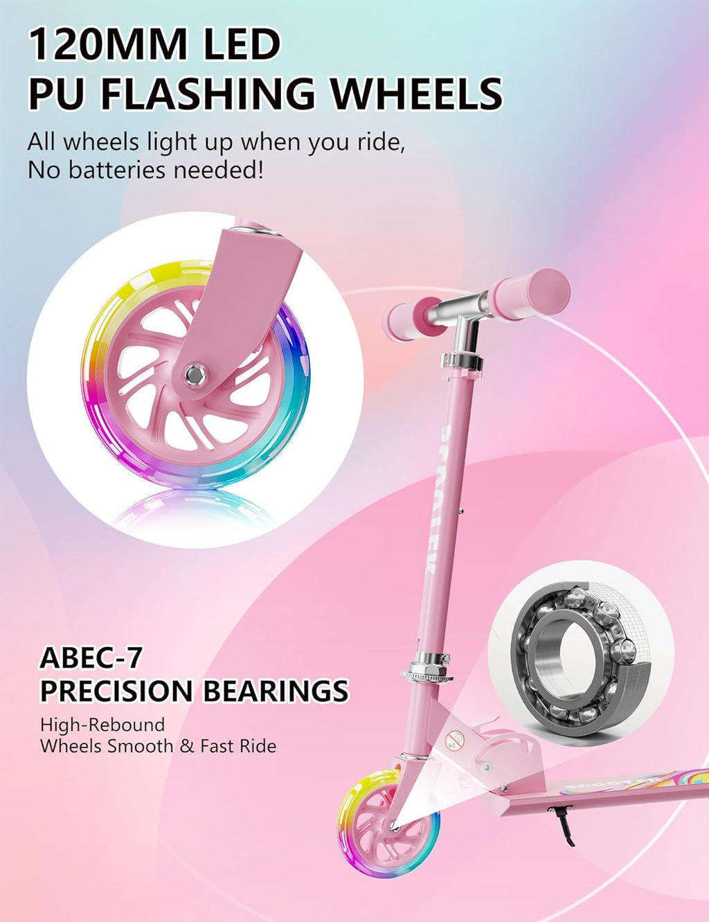 Skiennix Kids Kick Scooter - Adjustable 3-Level Height, LED Light-Up, Lightweight Foldable - Girly Pink
