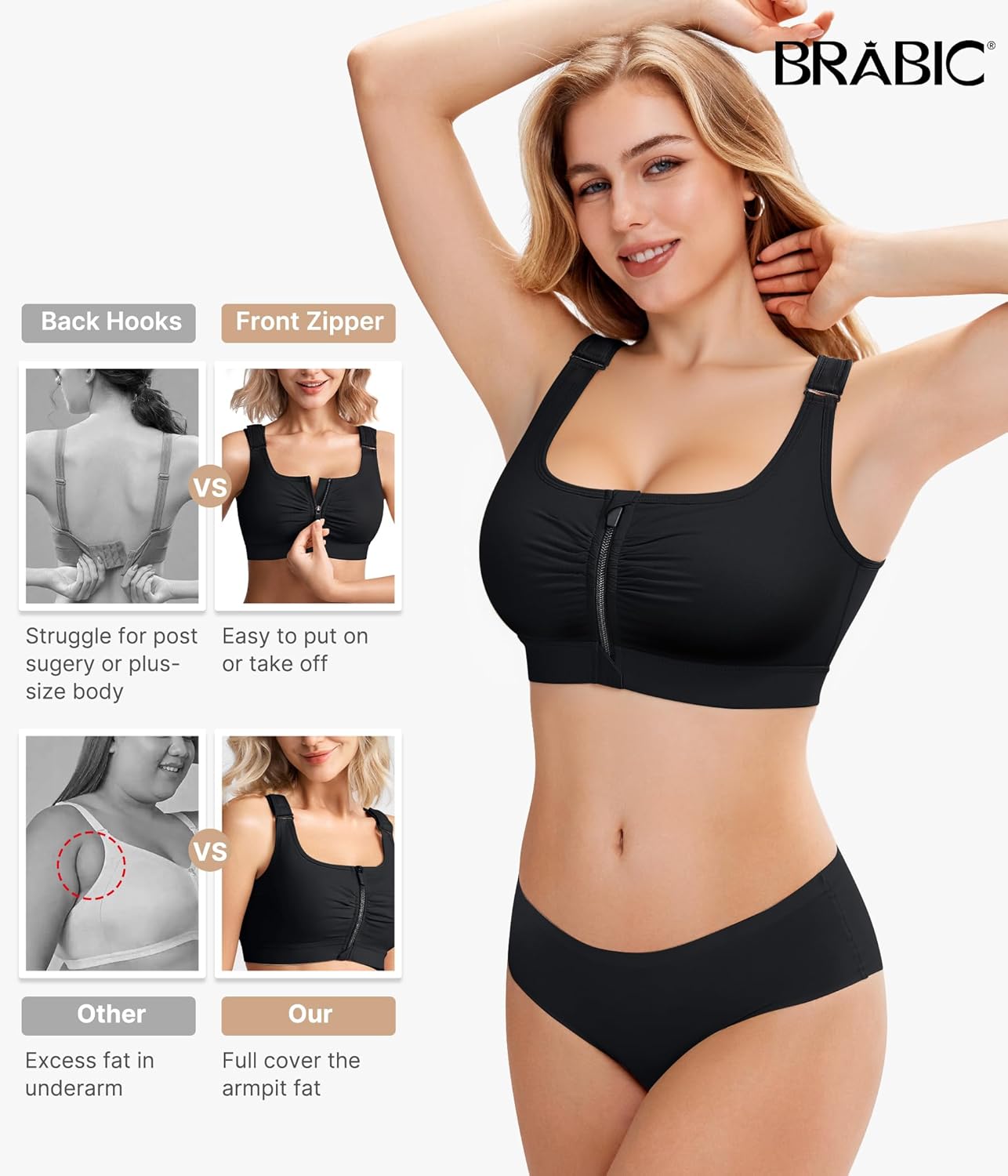 BRABIC Zip Front Closure Bra - Post-Surgery Compression Support | Full Coverage, Adjustable Straps