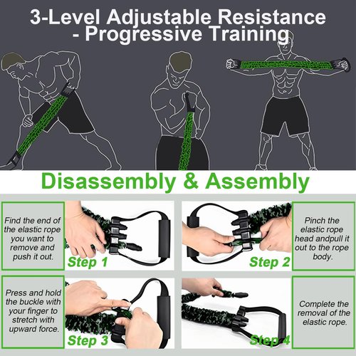 Natural Latex 3-Hole Resistance Stretcher Chest Expander - Adjustable 35/70/105 LBS Strength Bands for Men,Portable Gym Equipment with Handles for Full-Body Training-Green