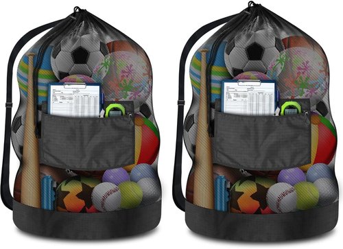 BROTOU Heavy Duty Soccer Ball Net Bag - Extra Large 100L Capacity for 10-12 Balls | Drawstring Mesh with Zipper Pocket
