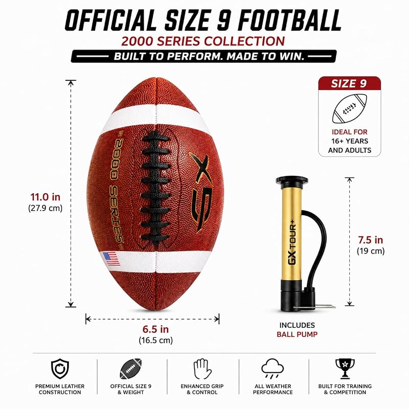 Official Size 9 Football — GX 2000 Series Premium Leather, Includes Ball Pump