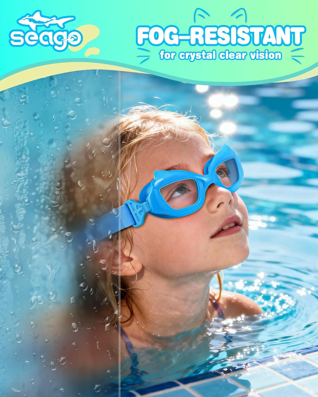 Seago Kids Swim Goggles - Cat-Shaped, Anti-Fog, UV Protection | 2 Pack with Fabric Strap for Ages 3-15