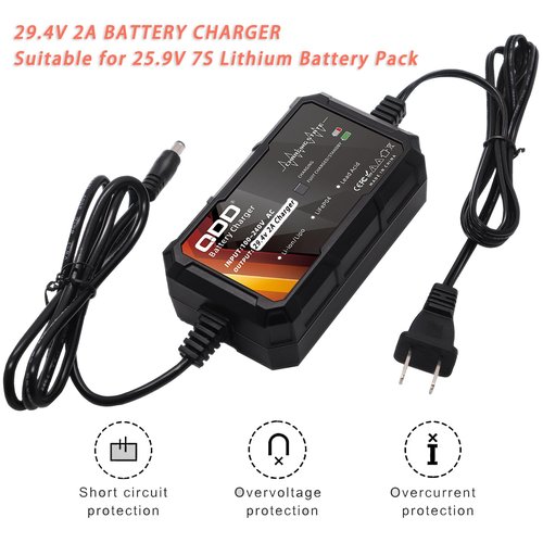 QDD 29.4V 2A Charger for 7S 25.9V Lithium Battery Pack with DC 5.5x2.1mm and Connection Interface Conversion 3P-XLR/ 3P-GX16/1-Prong RCA/DC 5.5x2.5mm
