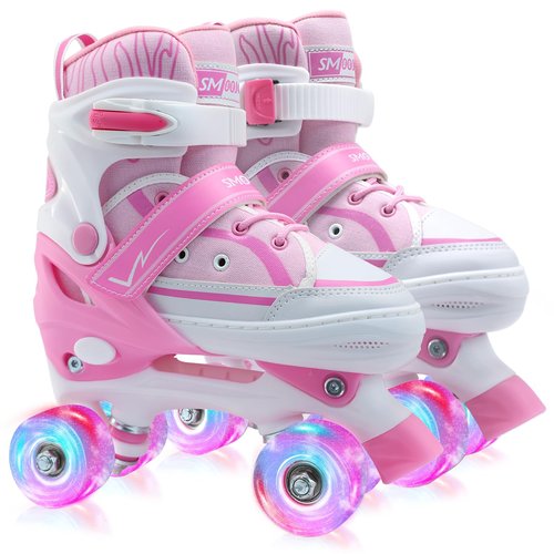 SMOOJOY Kids Roller Skates for Girls Boys Youth, Adjustable Light-Up Canvas Pink Quad Skate for Ages 6-12 Beginners' Outdoor Indoor Sports