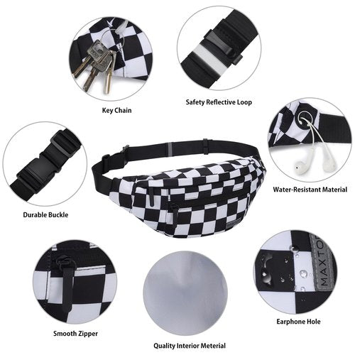 MAXTOP Checkered Fanny Pack Crossbody Bag with 4-Zipper Pockets Large Belt Bag for Enjoy Festival Sports Workout Traveling Running Casual Hands-Free Waist Bag Black and White Checkered