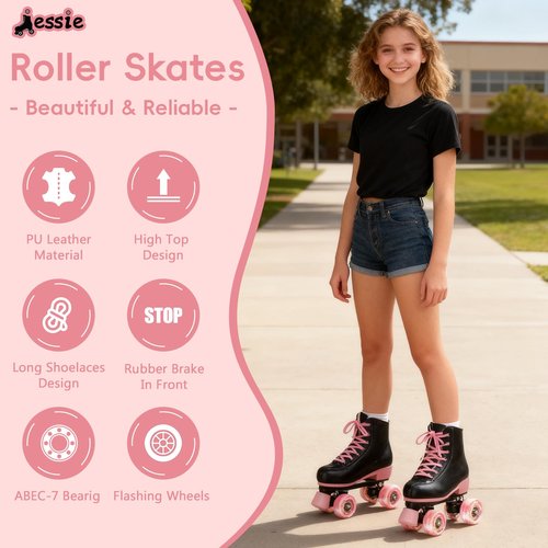 Jessie Women Roller Skates with Light Up Wheels Stylish Black Quad Skating Ideal for Men, Adult, Youth and Beginners Outdoor(Flash Wheel, 37-23.5cm/9.25in)