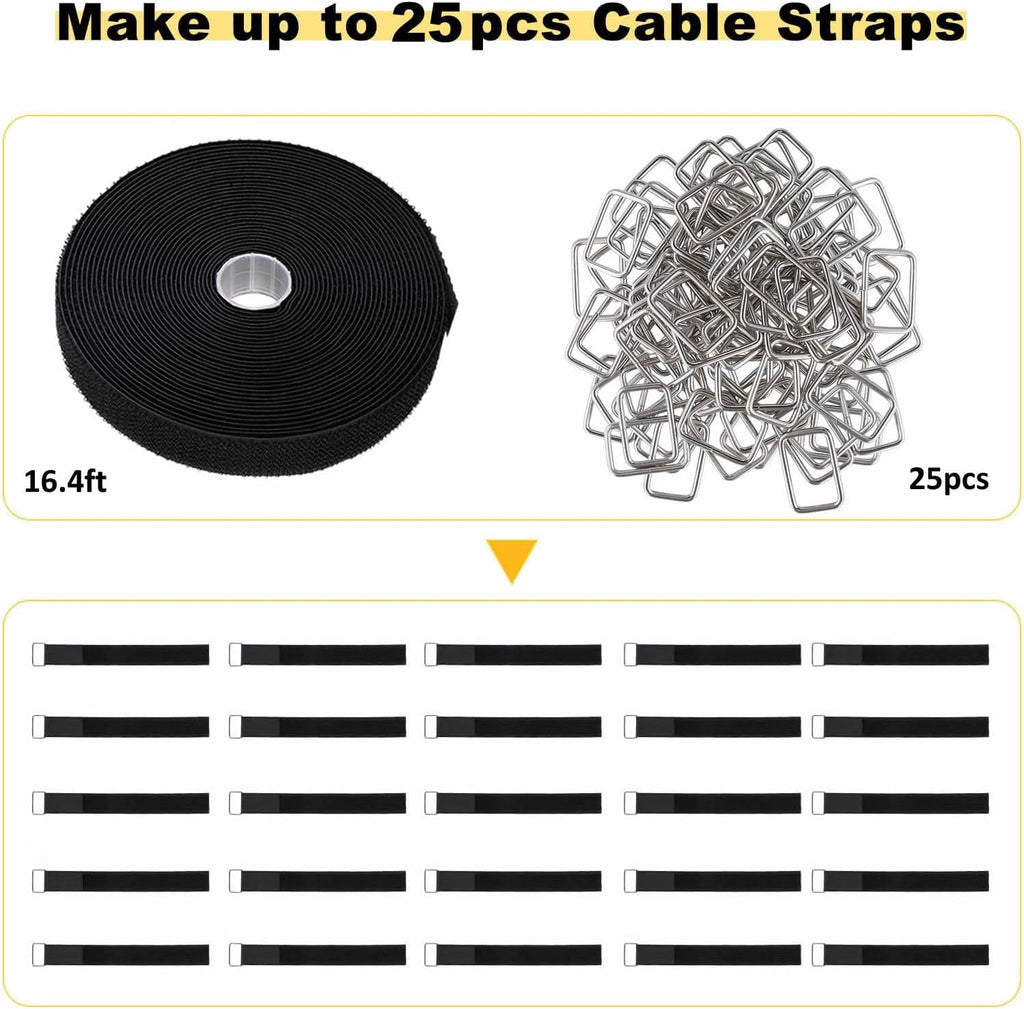 YMCRLUX Hook and Loop Straps - 1"x16ft Adjustable Fastening with 25 Metal Buckles | Black Nylon Storage Ties