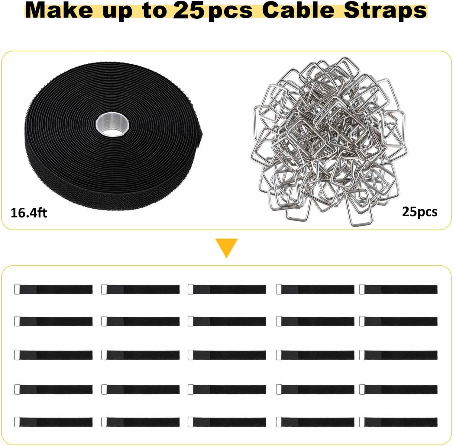 YMCRLUX Hook and Loop Straps - 1"x16ft Adjustable Fastening with 25 Metal Buckles | Black Nylon Storage Ties