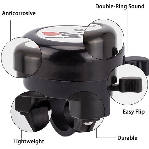 CREATCABIN I Love My Bike Bicycle Bell Classic Aluminum Bike Bells Ring Loud Crisp Sound Cycling Bell Small Black Handlebars Bells with 4Pcs Resin Stickers for Road Mountain Bike Accessories 2x2Inch