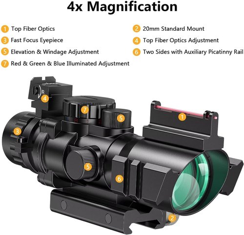 CVLIFE 4x32 Prism Hunting Rifle Scope - Illuminated Red, Green & Blue Reticle with Fiber Optic Sight