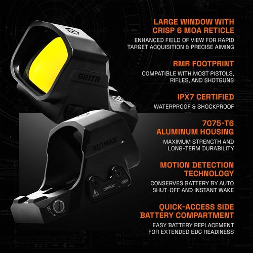 GRITR RD1MAX Red Dot Sight - RMR Footprint Pistol Optic with Large Open Window & 6 MOA Dot