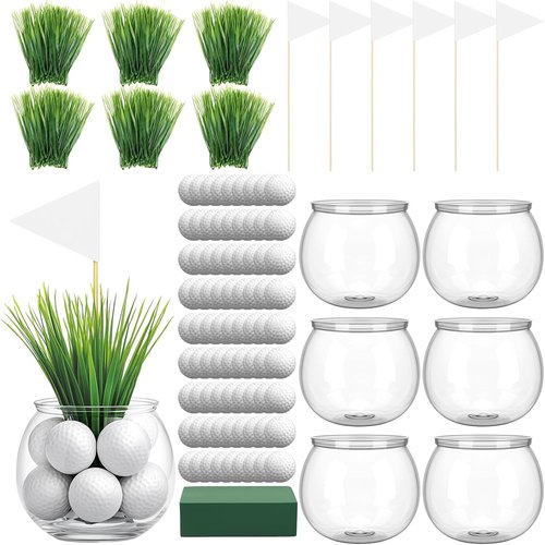 LemonRoad Golf Party Centerpieces - 6 Set Table Decorations with Artificial Grass & Flag Toppers